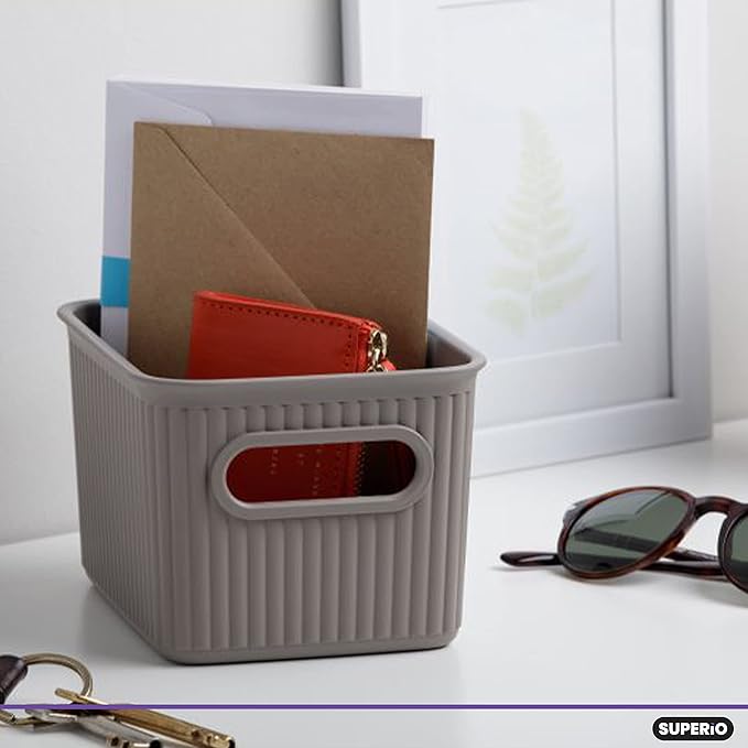 Superio Ribbed Collection - Decorative Plastic Basket Open Home Storage Bins Organizer, Small Taupe (4 Pack) Container Boxes for Organizing Closet Storage Bins for Shelves Drawer Shelf 1.5 Liter