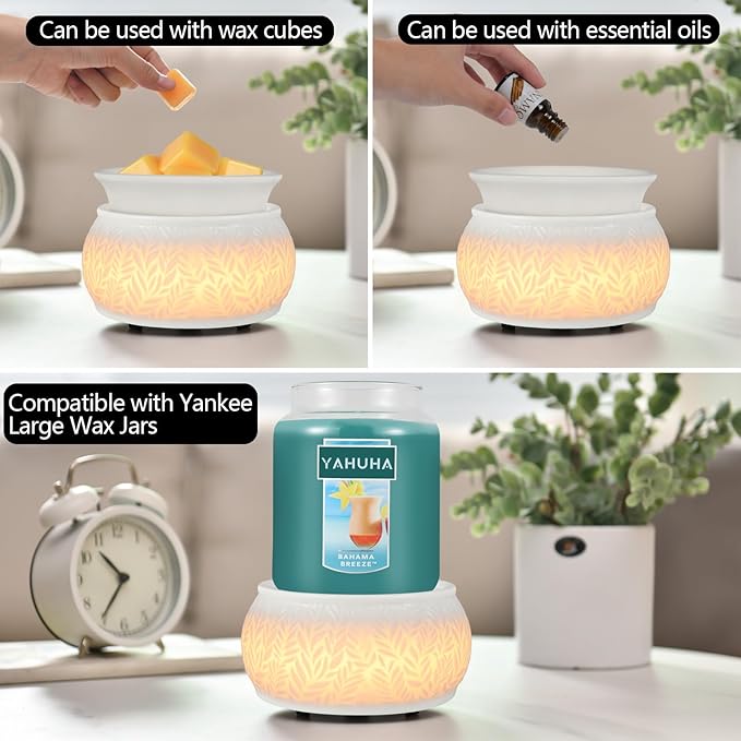Ceramic Wax Melt Warmer for Scented Wax Warmer 3-in-1 Electric Fragrance Candle Warmer Lamp with 7 Colors LED Light for Mothers Day Birthday Gifts for Women Daughter Girl Home Office Deco(White-01)