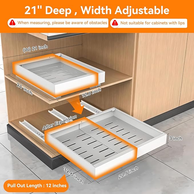 2 Pack 21'' Deep Pull Out Cabinet Organizer Expandable Width (12.6'' to 21'') Slide Out Drawers Pull Out Drawers Fixed with Adhesive Nano Film or Nail for Kitchen Bathroom Organization, White