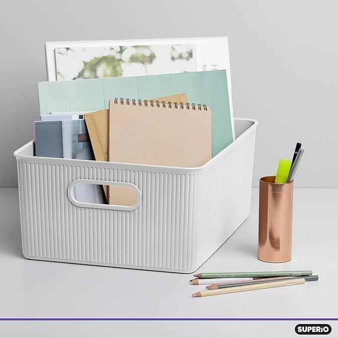 Superio Ribbed Collection - Decorative Plastic Basket Open Home Storage Bins Organizer, Large White (2 Pack) Container Boxes for Organizing Closet Storage Bins for Shelves 15 Liter/16 Quart