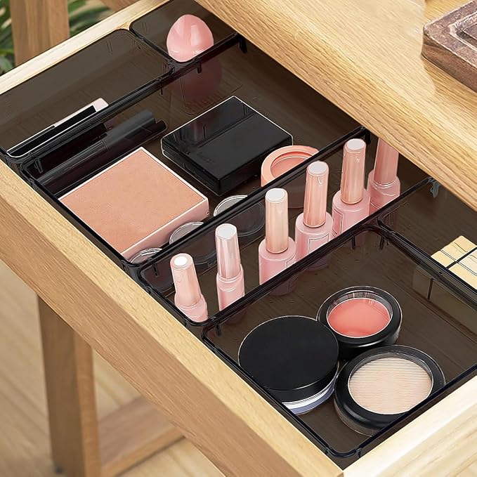 StorMiracle 16 PCS Drawer Organizer Set, 5 Varied Size Bathroom and kitchen Drawer cabinet organizer Trays, Clear Storage Bins for Makeup, Jewelry, Utensils and Gadgets, Black