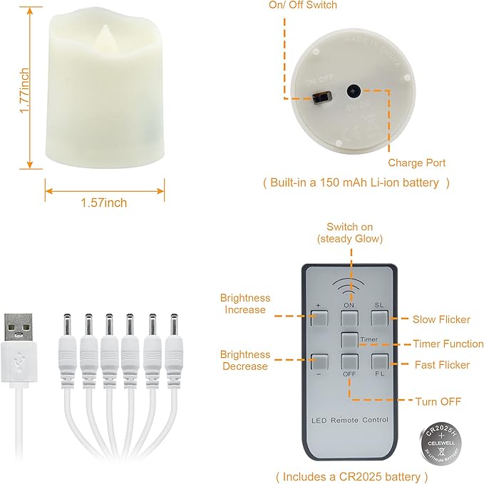 Daord Rechargeable LED Tea Lights USB Flameless Warm White Votive Candles with Remote Battery Flickering Tealights Candle for Halloween Christmas Romantic Home Decoration (6 Packs,Warm White)
