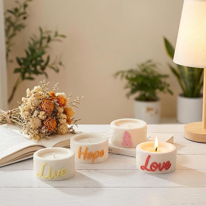 4-Cavity Silicone Candle Mold, Embossed Candle Holder Mold with English Words, Hand Gestures & Polka Dots for DIY Pillar Candles, Resin, Soap, Plaster - Make Elegant Home Decor（5523）
