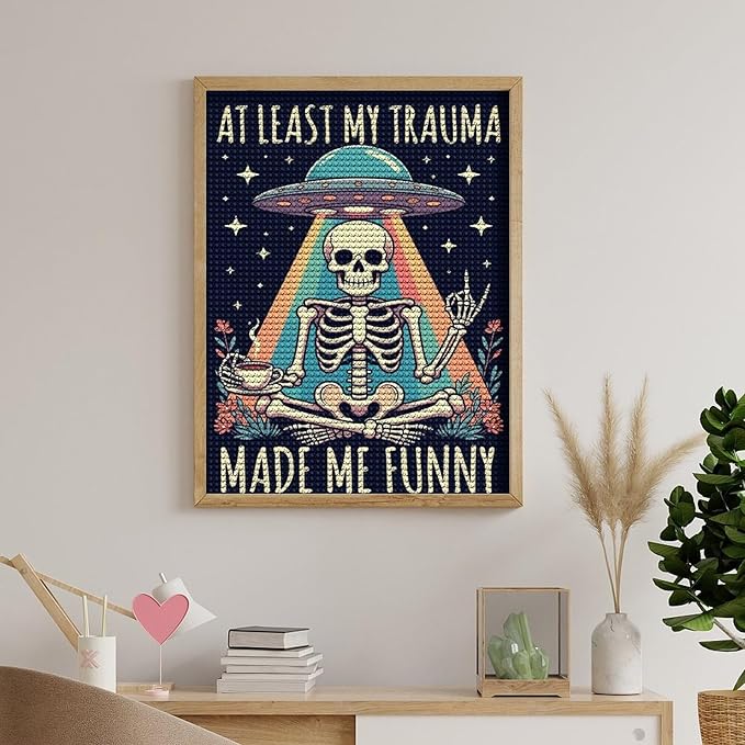 KIVJMSIDJA 5D Diamond Painting Kit for Skull Skeleton “At Least My Trauma Made Me Funny” Adults Full Drill Round Rhinestone Art Craft DIY Home Wall Decor 12"x16"