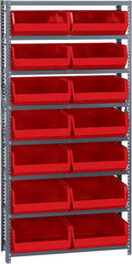 Quantum Storage Systems QSBU-250RD Giant Open Hopper Steel Shelving System, 12" D x 36" W x 75" H, with 8 Shelves and 14 QUS250 Bins, Red