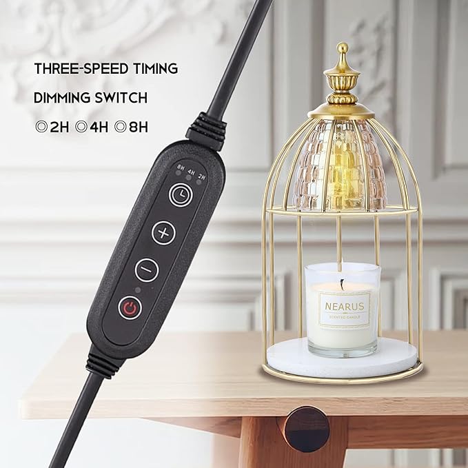 Candle Warmer Lamp, Auto Shut Off and Brightness Heat Level Control with Timer and Dimmable Switch, Top-Down Candle Melting with Marble Base and 2 Bulbs(Gold)