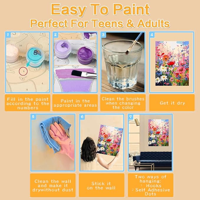 Meothan Framed Paint by Numbers Kits for Adults, Wild Flowers Paint by Number for Adults Beginners, Flower Paint by Numbers Kits on Canvas with Framed and Easel for Home Wall Decor 12x16inch