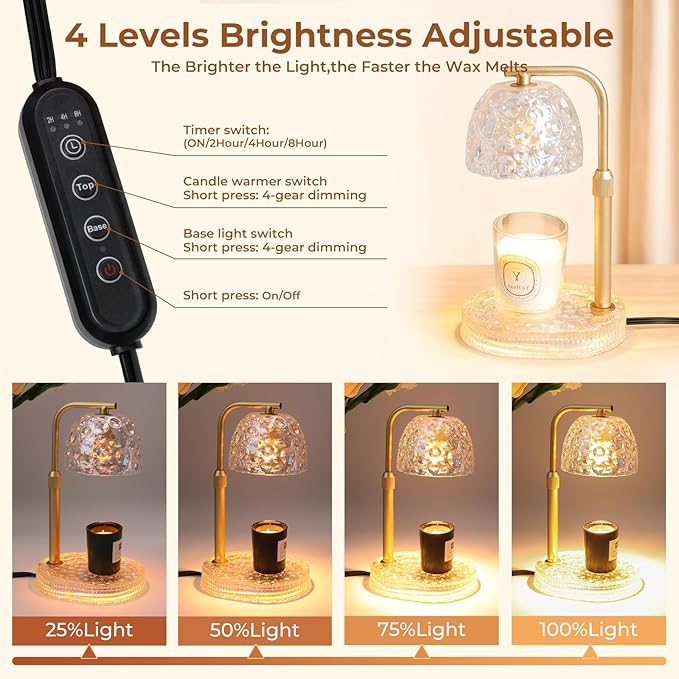 Textured Honeycomb Design Candle Warmer Lamp Adjustable Height, Flameless 4-Level Dimmable Wax Melt Warmer for Jar Candles with 2 Bulbs, House Warming Gifts, Safe Home Use(Pearl White)