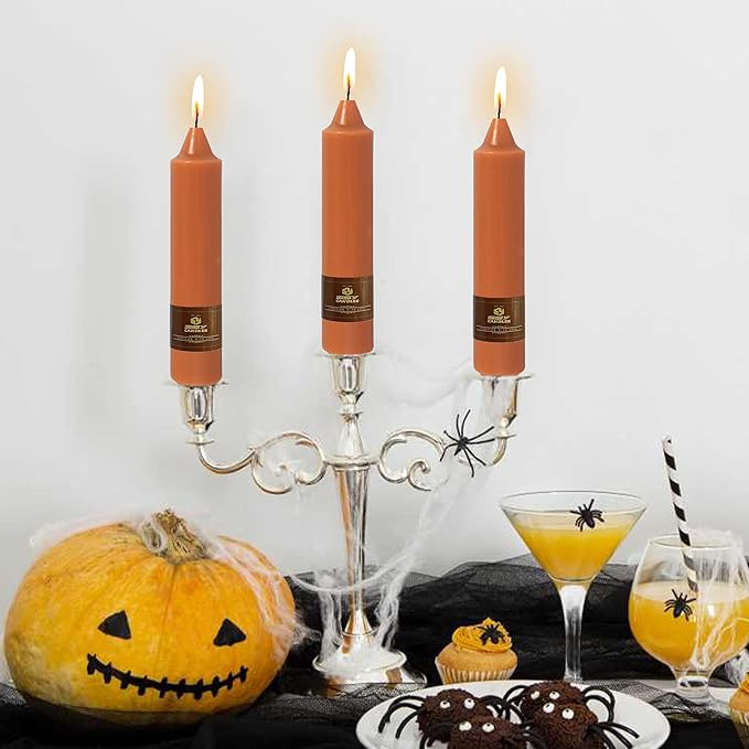 4 Pack Handmade 7 inch Pumpkin Taper Candles Sticks Unscented Short Tapered Candle Ideal as Smokeless Long Burning Candlesticks for Halloween Thanksgiving Dinner Autumn Wedding Home Decor Candles