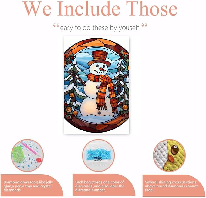 GUAIEUW Winter Stained Glass Snowman Diamond Painting Kits 5D Full Round Diamond Painting Art, Season Theme Canvas HD Picture DIY Diamond Dot Painting, Home Wall Decor Gift 12x18 Inch