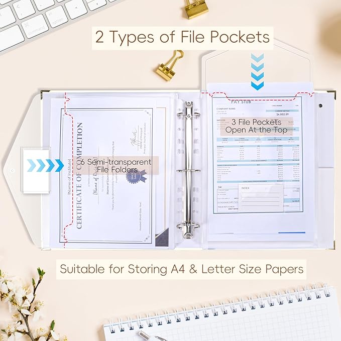 XKDOUS Important Document Organizer, Folio Folders with 9 Pockets, 3-Ring Binder Gold-Foiled Hardcover File Storage Organization Expanding File for 8.5x11 Papers, A4 Documents