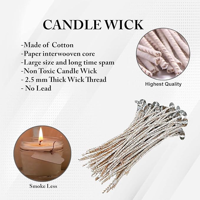100pcs ECO 6 Wicks for Soy Candles, 6 inch Pre-Waxed Candle Wick for Candle Making,Thick Candle Wick with Base