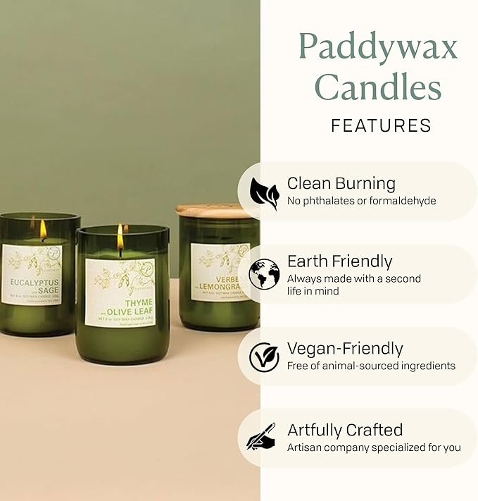Paddywax Eco Collection Scented Soy Wax Candle in Glass Jar, Thyme & Olive Leaf Fragrance, Green Vessel with Wood Lid, 8 oz