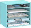 SUPEASY Wood Desk Organizer, 5 Tier Paper File Organizer for Desk, Wooden Desktop Organizer, Paper Letter Literature Mail Sorter, for Office School & Home Organization, Blue