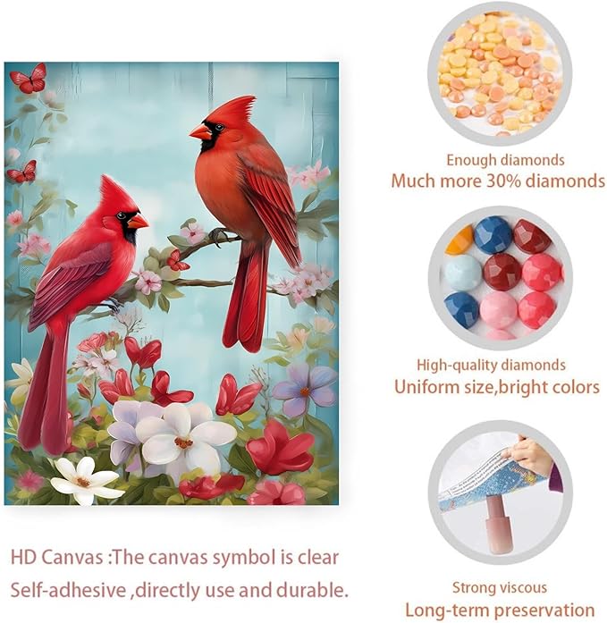GUAIEUW Red Bird Bouquet Diamond Painting Kit for Adults, Full Round Diamond Cardinal Bird 5D Diamond Painting DIY Art Crafts for Winter Home Wall Decor Holiday Gift 12x18 Inch