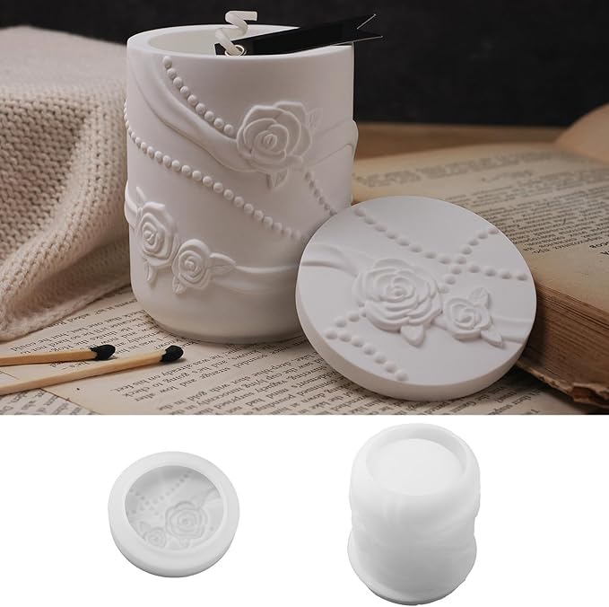 1 Pc Pearl Ribbon Rose Resin Jar Mold with Lid Delicate Cylindrical Flower Pot Candle Mold for Plaster Cement Concrete Epoxy DIY Home Decoration Jewelry Storage Box Candlestick Candy Jar