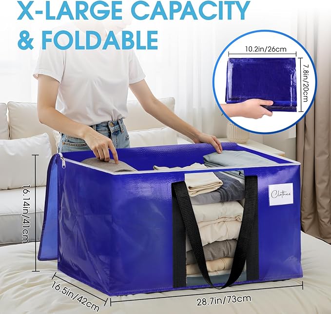 BlissTotes 2 Pack Moving Bags with Clear Window, Storage Bags with Strong Carrying Handles & Zippers,Large Packing Bags for Saving Space, Alternative to Moving Boxes(Blue,33 Gallon)