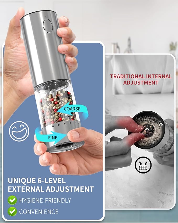 CIRCLE JOY Electric Salt and Pepper Grinder Set Rechargeable Stainless Steel Salt and Pepper Shakers with LED Light and Storage Base, External Adjustable Coarseness for Hygienic Easy Use