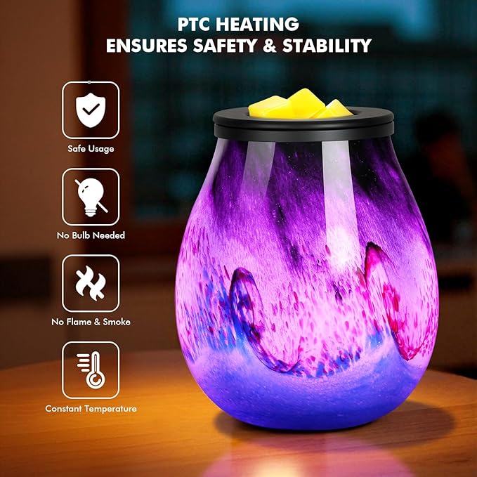 Wax Melts Warmer with Timer-Art Glass Wax Warmer for Scented Wax Electric Candle Warmer with 7 Colors LED Light, Removable Silicone Dish Wax Melter for Home Office Decor & Gifts (Storm-timer)