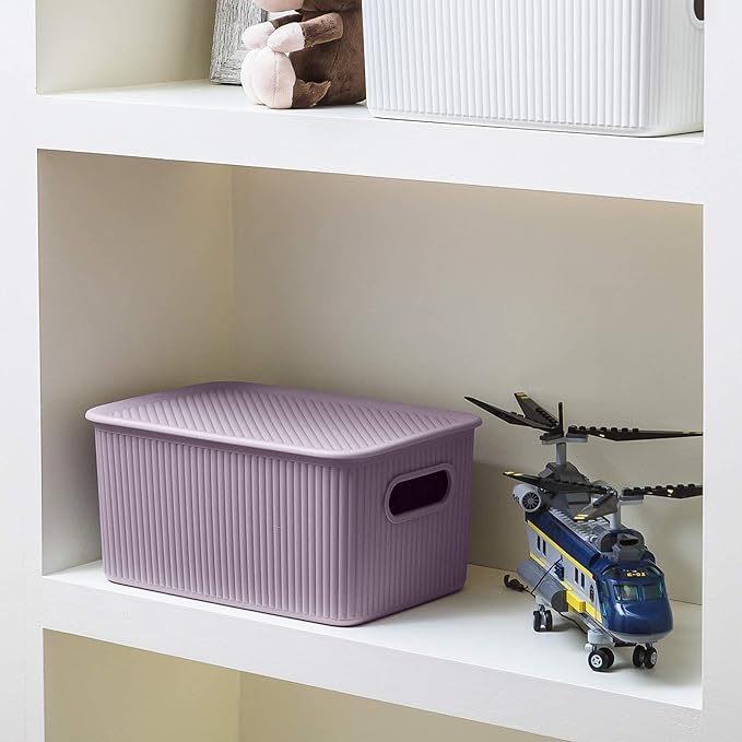 Superio Ribbed Collection - Decorative Plastic Basket Open Home Storage Bins Organizer, Medium Lilac Purple (1 Pack) Container Boxes for Organizing Closet Storage Bins for Shelves 5 Liter