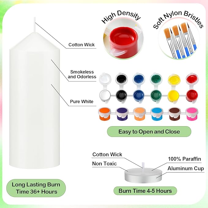 MTLEE 48 Pcs DIY Candle Painting Kit Include White Candles Colorful Acrylic Paint Strips and Paintbrushes for Crafts Making Wedding Birthday Party Centerpiece (Pillar)