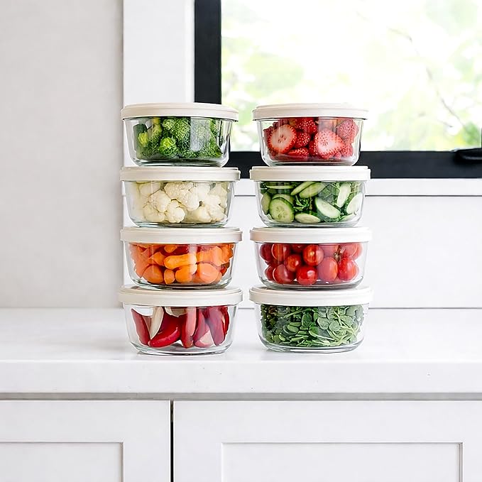 DURA LIVING 16-Piece Glass Food Storage Containers Set (8 Containers + 8 BPA-Free Lids) | 1-Cup, Leakproof | Microwave, Freezer, Oven & Dishwasher Safe | Ideal for Meal Prep & Pantry Organization