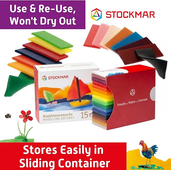 Stockmar Natural Modelling Beeswax: 15 Assorted Colors of Beeswax Sheets Safe for Kids, Toddlers, Adult Artists - Non Toxic, Non Drying Modeling Wax for Homeschoolers, Waldorf Organic Art Supplies