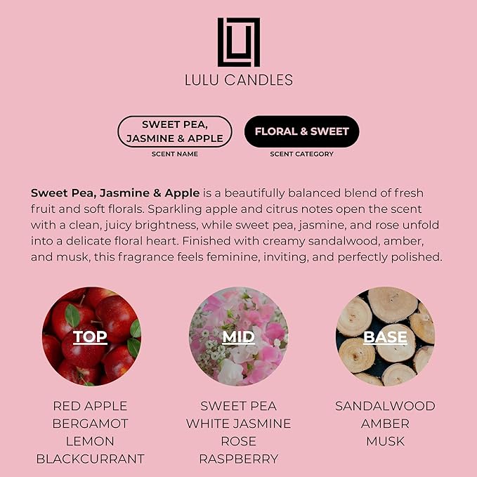 Lulu Candles | Sweet Pea, Jasmine & Apple | Luxury Scented Soy Jar Candle | Hand Poured in The USA | Highly Scented & Long Lasting- 9 Oz.