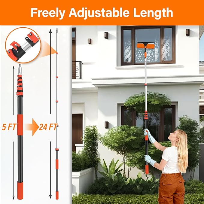 30FT High Reach Duster Cleaning Kit with 24FT Pole | 4-in-1 Tool Set with Universal Swivel Joint | High Ceiling Fan Cleaner, Microfiber Duster & Window Squeegee for Safe High-Reach Cleaning