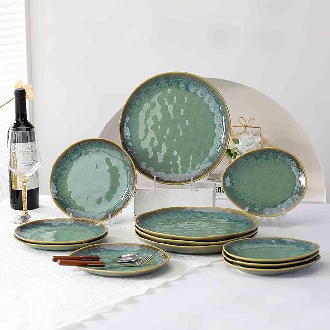 Henten Home Ceramic Dinner Plate Set, 11 Inch Porcelain Pizza, Pasta, Salad Plates, Irregular Shape Steak Plates Set of 4, Stoneware Serving Dishes for Kitchen (Green)