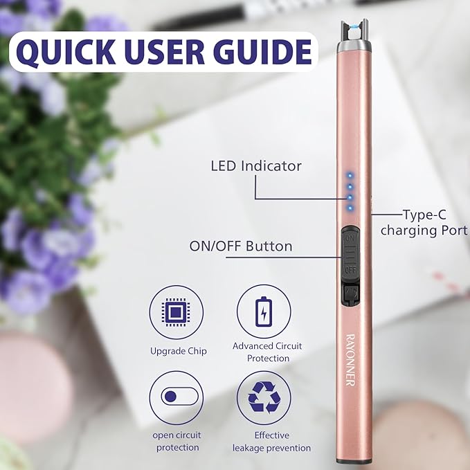 RAYONNER Rechargeable Electric Candle Lighter Windproof Plasma Arc Lighter for Deep Jars BBQ Camping Flameless Fire Starter Christmas Stocking Stuffers Gift (2 Pack - Blue&Rose Gold)