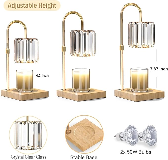 Yuichoy Candle Warmer Lamp with Timer, Dimmable Electric Candle Wamer Adjustable Height, Glass Modern Candles Melter Lamp, Gifts for Women Mom, Clear