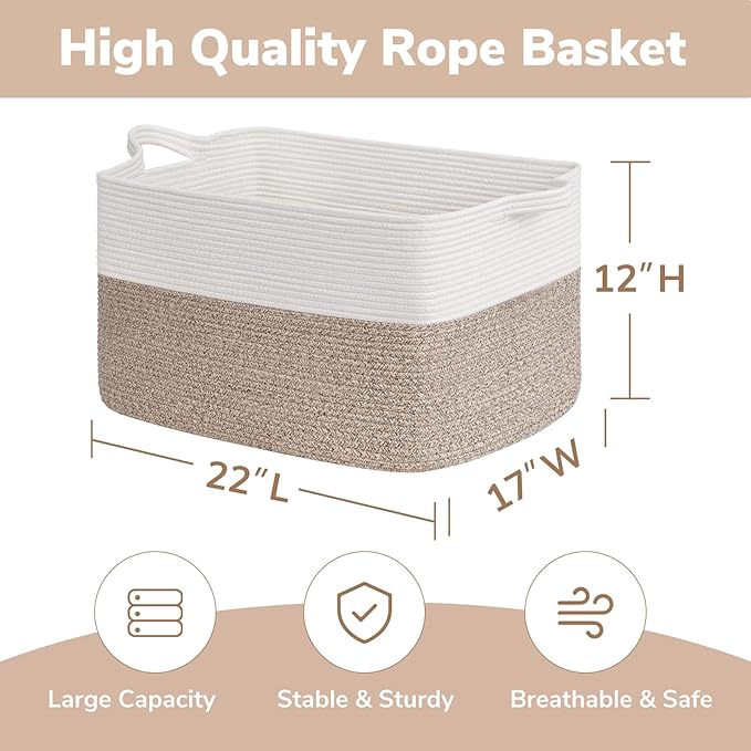 Goodpick Large Blanket Basket 22" x 17" x 12" Woven Storage Baskets for Organizing, Rectangle Cotton Rope Basket for Living Room Bedroom, Toy Baskets Storage Kids, White & Brown