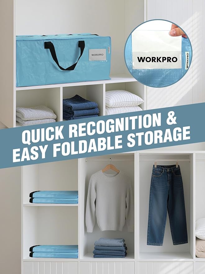 WORKPRO 4 Pack Extra Large Moving Bags with Zippers & Carrying Handles Backpack Straps, Heavy-Duty Storage Tote for Space Saving & Storage, Alternative to Moving Box (Dusty Blue)