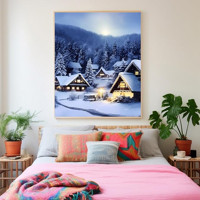 GUAIEUW Frameless Canvas Winter Snowy Houses Diamond Painting Kit DIY 5D Full Round Diamond HD Picture Diamond Dot Painting Art Craft Gift, Wall Decor Living Room Office Hangable 16x20 Inch