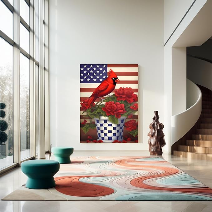 GUAIEUW Flowerpot Red Bird Flag Diamond Painting Kit for Adults, Full Round Diamond Cardinal Bird 5D Diamond Painting DIY Art Crafts for Winter Home Wall Decor Holiday Gift 18x24 Inch