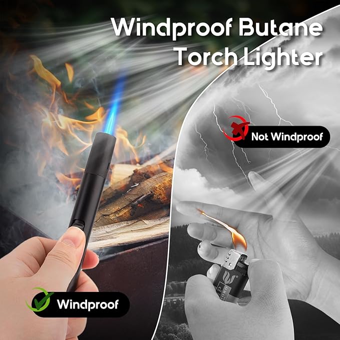 LcFun Torch Lighters 3 Pack Refillable Butane Lighter with Visible Fuel Window, Windproof Adjustable Jet Flame Long Lighters for Candle, Grill, BBQ, Camping, Fireworks (Butane NOT Included)