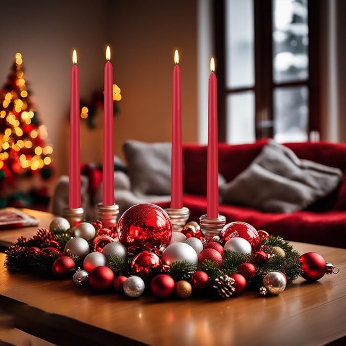 24 Pack Red Taper Candles, 10 Inch Classic Red for Valentine's Day Decor, 7-8 Hour Burn, Clean-Burning Unscented Bulk Candles for Holiday Dinner Table, Fireplace Mantel, Wedding Centerpiece
