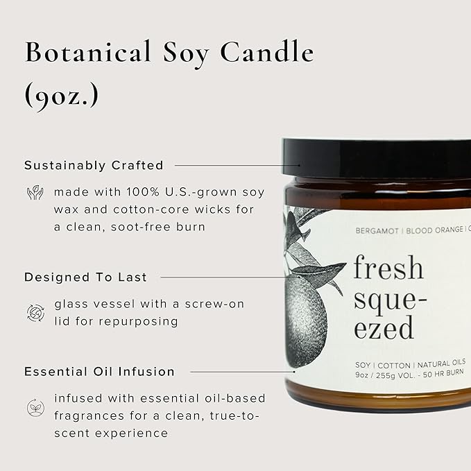Broken Top Fresh Squeezed Pure Soy Candle | 9 oz. | Bergamot, Blood Orange & Cedar 50-Hour Burn Time. Natural Cotton Wick, Vegan, No Parabens, No Phthalates