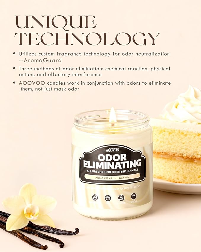 AOOVOO Vanilla Cream Odor Eliminating Highly Fragranced Candle - Eliminates 95% of Pet, Smoke, Food, and Other Smells Quickly, Non Toxic Air Freshing Soy Candle, 9 oz Up to 50 Hours Burn time