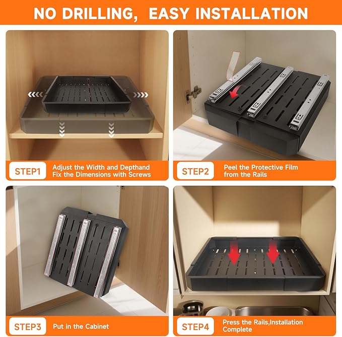 Pull out Cabinet Organizer,Adjustable Width (14"-19") and Depth (17"-24") Expandable,No Drill Slide out Drawers for Kitchen,Pantry,Adhesive Roll out Shelves,for Cabinets Without Lip