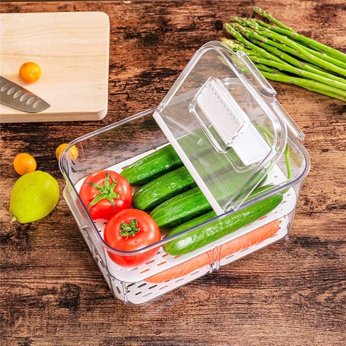 Slideep Food Storage Containers Fridge Produce Saver, Stackable Refrigerator Organizer Keeper Foldable lid with Removable Drain Tray for Produce, Fruits, Vegetables 5700 ml - 2 Pack