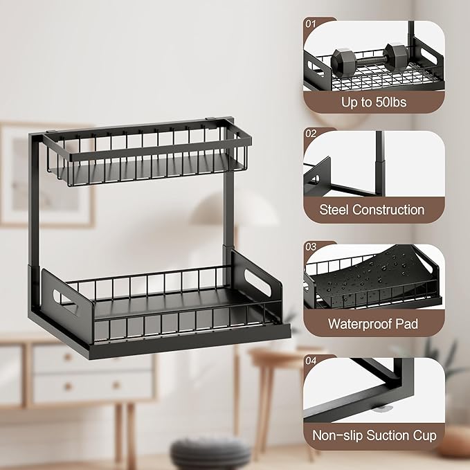 VUSIGN Under Kitchen Sink Organizer, 2 Tier Metal Slide out Sink Shelf Pull out Cabinet Organizer Drawers for Bathroom Kitchen Laundry, 2 Pack, Black