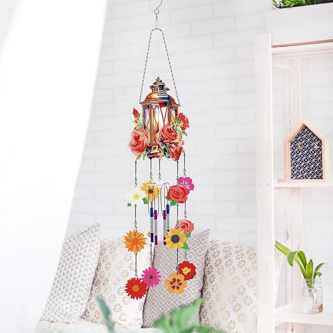 Flowers Diamond Art Wind Chime Suncatcher DIY Kits 5D Diamond Art Painting Wind Chimes Hanging Ornament Set Double Sided Special Shaped Crystal by Number Stitch Pendant for Yard Garden Outdoor Decor
