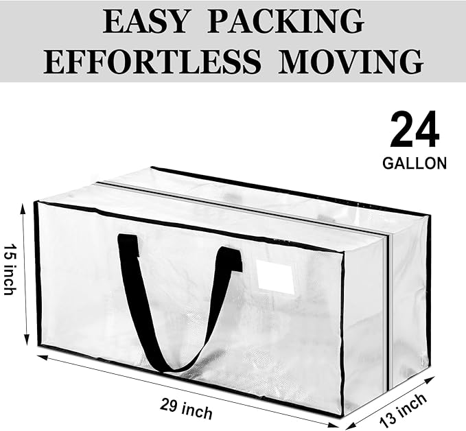 4 Pcs 24 Gallon Extra Large Moving Bags Heavy Duty Storage Bag with Strong Zipper Handle Foldable XXL Jumbo Storage Tote Packing Moving Box for College Dorm Travel Cloth Duffle (Clear)