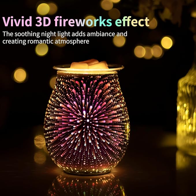 EQUSUPRO 3D Glass Electric Wax Melts Warmer Wax Burner Melter Fragrance Warmer for Home Office Bedroom Living Room Gifts & Decor (3D Fireworks)