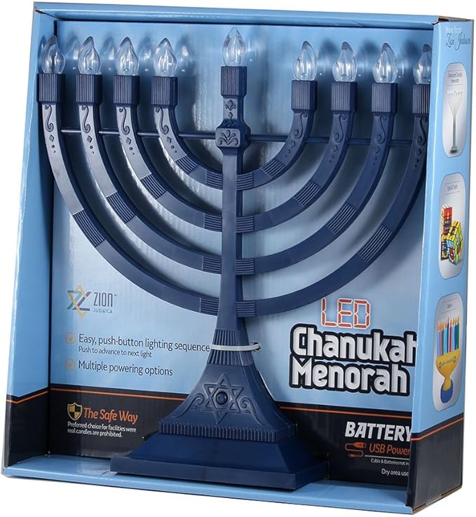 Zion Judaica 6 Pack Electric Hanukkah Menorah LED USB Powered Menorah Electronic Hanukkiah Battery Minorah Flamless Chanukah Candles (Blue, 6)