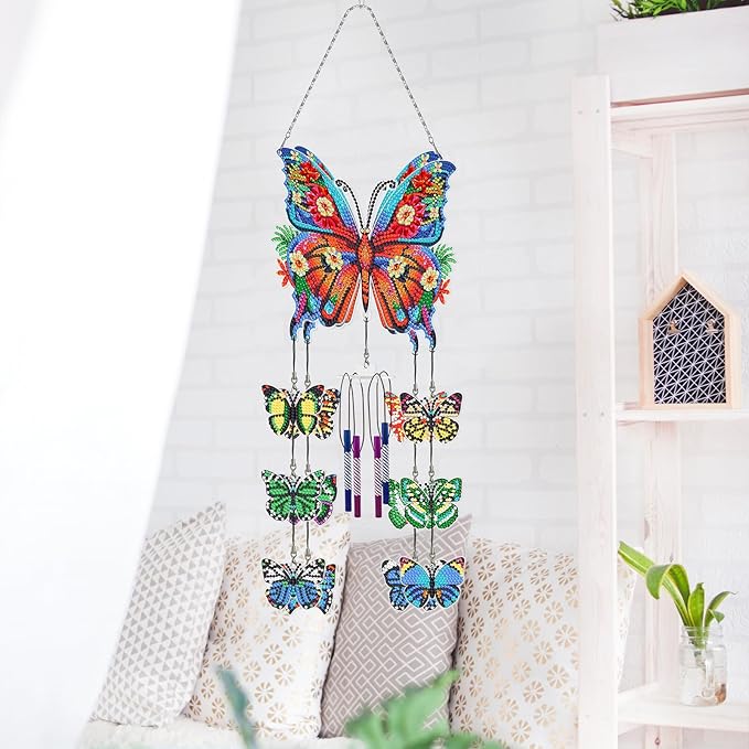 Butterfly Gem Art Wind Chime 5D DIY Kits Butterfly Diamond Art Painting Wind Chimes Hanging Ornaments Double Sided Special Shaped Crystal by Number Mosaic Wind Chime Pendant for Yard Tree Patio Decor