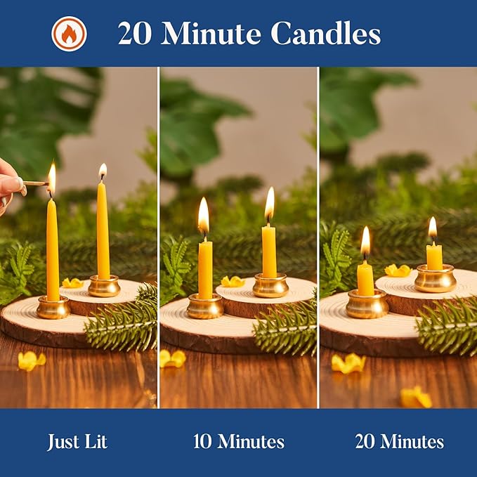 Crenovo 20 Minute Beeswax Meditation Candles, 24 Pack Mini Taper Candles with Brass Holder, Dripless, Smokeless, Gift-Ready Packaging for Meditation and Prayer