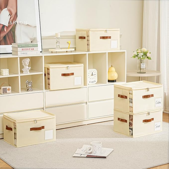 4 Pack Large Storage Bins with Lids,Foldable Closet Organizer with Clear Window,Collapsible Storage Cubes with Handle,Fabric Storage Containers for Organizing Blanket,Clothes,15.94x11.81x9.84 Inches